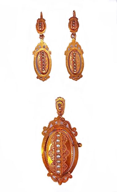 null JEWELRY SET comprising a pair of earrings and an 18K pink gold pendant / brooch...