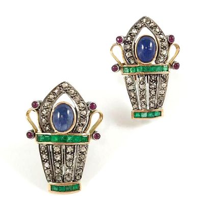null PAIR OF EARRINGS with a vase shape set with a cabochon sapphire, cabochon rubies,...