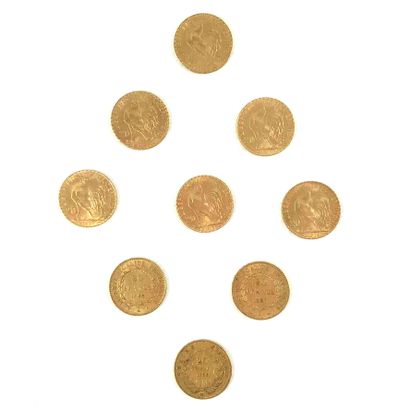 null Yellow gold coins. Set of nine twenty franc coins. 1856 20 franc coin. The reverse...