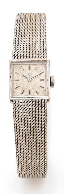 null OMEGA WATCH square case, silvered back, baton hour markers, grain mesh bracelet....