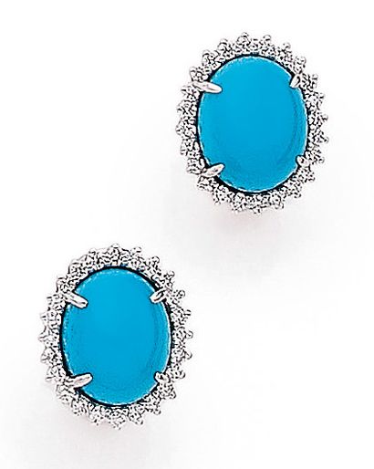 null PAIR OF EARRINGS set with a turquoise cabochon, surrounded by brilliant-cut...