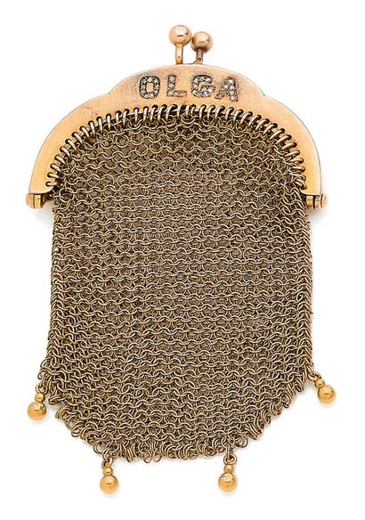 null A round mesh purse with the name Olga, in rose-cut diamonds. Set in 18K yellow...