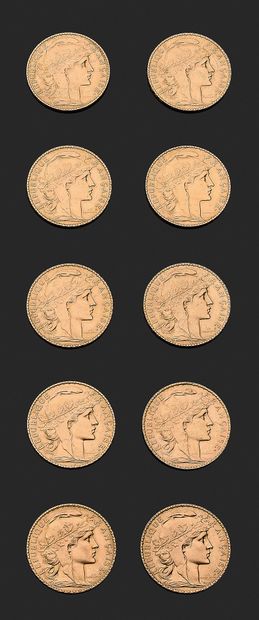 null SET OF TEN 20 FRANCS COINS The obverse is struck with the head of Marianne wearing...