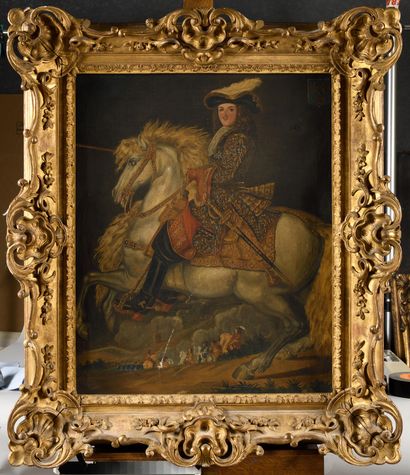 null ECOLE FRANÇAISE DE LA FIN DU XIXE SIECLE Le Roi Louis XIV à cheval, sur le champ...