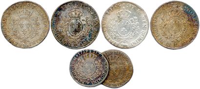 null LOT DE 6 MONNAIES EN ARGENT LOUIS XV du type au bandeau (144,62 g) : Écu 1747...