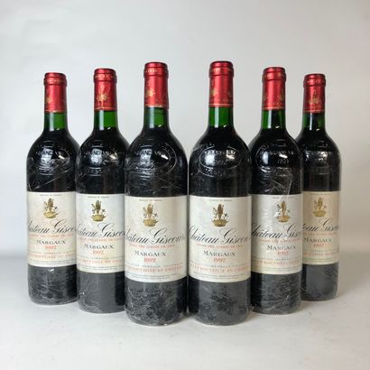 null 6 bouteilles CHÂTEAU GISCOURS 1992 3e GC Margaux (niveau très léger bas, étiquettes...