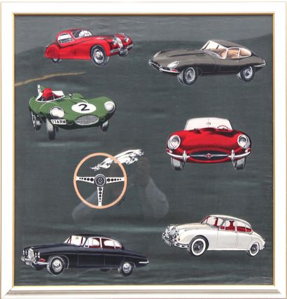 Foulard "Jaguar" 
Foulard en soie sur le thème des automobiles Jaguar. Avec une...