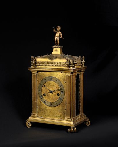 null A gilt bronze, gilt brass and engraved clock, perhaps also silvered and engraved,...
