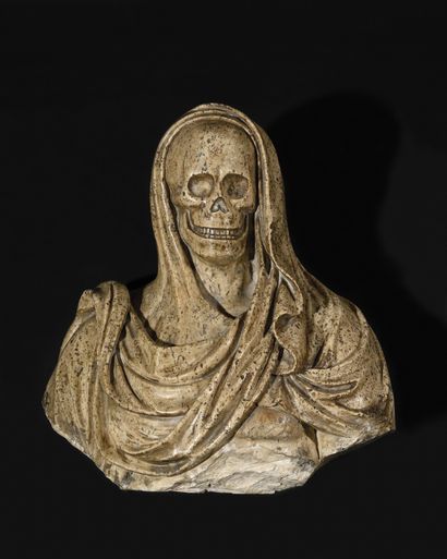  A marble or granite bust representing a veiled skull. Italy, late 17th century (missing...