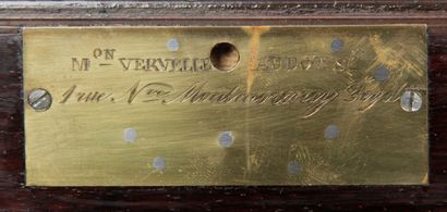 null A red tortoiseshell and engraved brass writing desk, opening to a flap revealing...