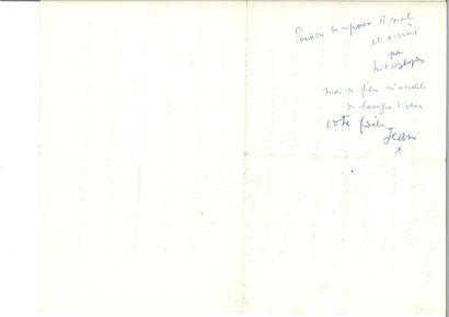 null COCTEAU ( Jean). Lettre autographe signée au comédien Jean Negroni. S.l., 29...