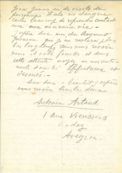 null ARTAUD (Antonin). Autograph letter signed "Antonin Artaud" to Ray_x0002_mond...