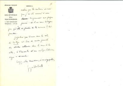 null BATAILLE (Georges). Lettre autographe signée à un homme de lettres. Orléans,...