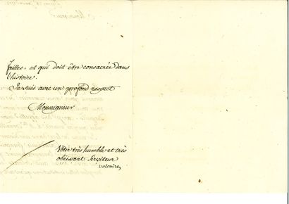 null VOLTAIRE (François-Marie Arouet, dit). Lettre signée « Voltaire » au maréchal-duc...