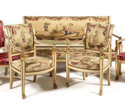 null LIVING ROOM FURNITURE comprising a sofa and a pair of armchairs in cream relacquered...