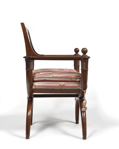 null TWO CURL CHAIRS FORMING HANGERS in mahogany, the rectangular "plank" back decorated...