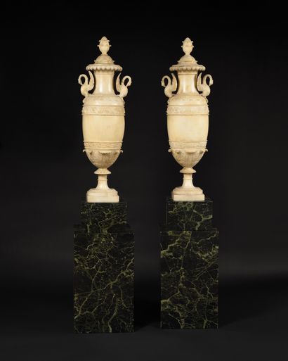 null Pair of large alabaster covered vases carved with large acanthus leaves, pearl...