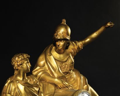 null GRANDE PENDULE en bronze doré et marbre bleu Turquin représentant Télémaque...