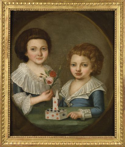 null EIGHTEENTH CENTURY FRENCH SCHOOL Children playing cards Oil on canvas 78 x ...