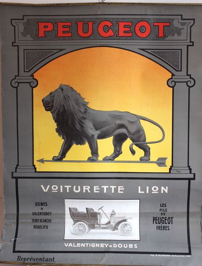  Walter THOR ( 1870- 1929) 
 Peugeot voiturette Lion 
Affiche d'intérieur signée...