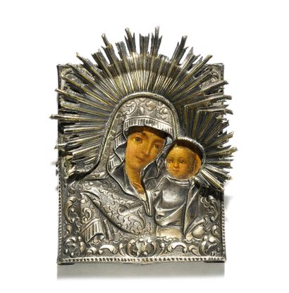 null LOT OF TWO ICONS : 

"Virgin and Child

Tempera on wood, silver oklad 

Marks:...