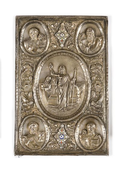 null OKLAD OF THE GOSPEL

Chased silver, cloisonné enamel

Moscow, 19th century

Hallmarks:...