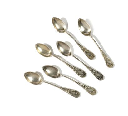 null SET OF SIX COFFEE SPOONS

Chased silver

Marks: Khlebnikov under the double-headed...