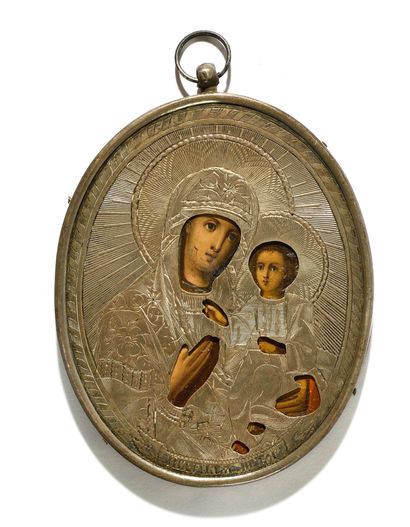 null ICON "VIRGIN OF IVERSK

Oil on metal, oklad in engraved silver

Marks: 84, IC...
