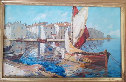  Xavier SAGER (signé X. Sager) 
Voilier blanc et rouge dans le port de St Tropez...