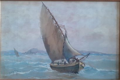 null CASSELY

Sailboat by high wind

Watercolor under glass

Signature lower left

H....
