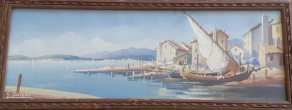  Y. BIOAT (?) 
Panorama of the coast and its boats 
Watercolour on paper under glass...