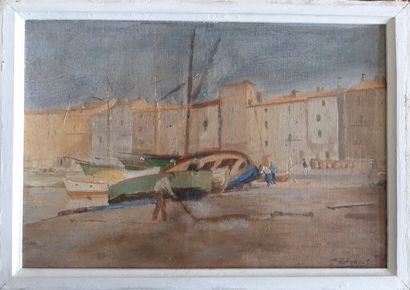  EROTINAS (?) 
Barques de pécheur à marée basse à Saint Tropez 
Huile sur toile avec...
