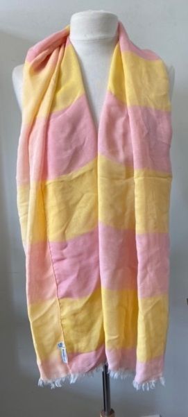  HERMES PARIS 
Silk stole with fringed edges decorated with pink and yellow stripes,...