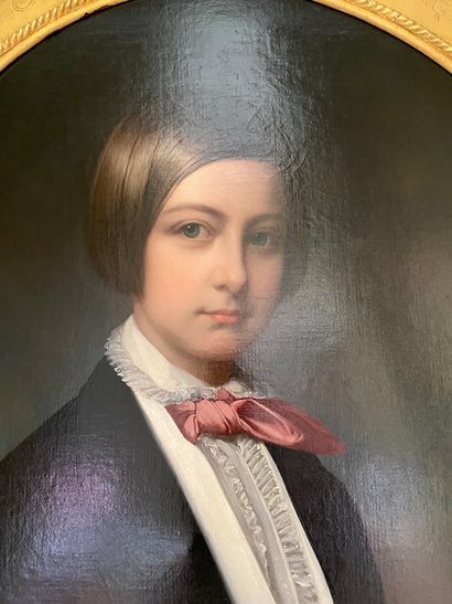 null O. GUÏET (actif au XIXème siècle) Portrait d'enfant au noeud rose Toile rectangulaire...