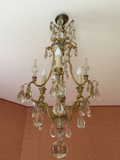 A gilt bronze CAGE LIGHT with pendants. 19th...