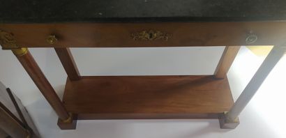 null Mahogany veneered CONSOLE opening with a drawer in the waist, the uprights with...