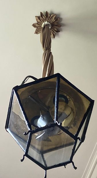  Hexagonal LANTERN, in black copper and brass lacquered wrought iron. End of the...