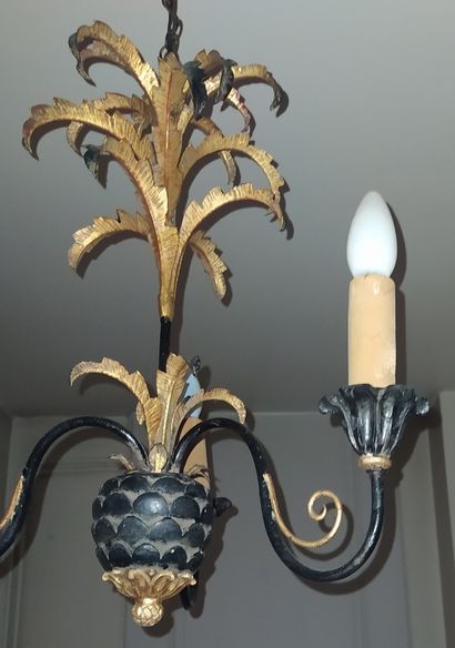  Pineapple-shaped LUSTRE in sheet metal and black and gold lacquered wrought iron...