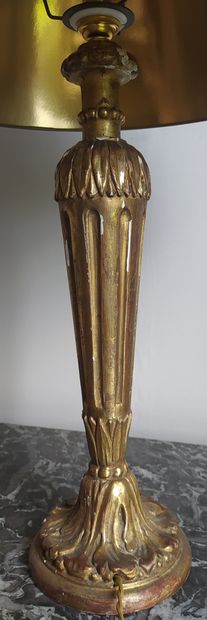  LAMP LEGS in gilded wood, tapered and fluted, carved with water leaves and resting...