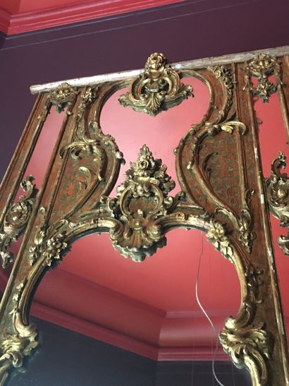  Pair of polychrome and gilded wood mirrors, moulded and carved with flowers, acanthus...