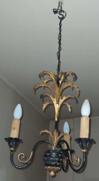  Pineapple-shaped LUSTRE in sheet metal and black and gold lacquered wrought iron...