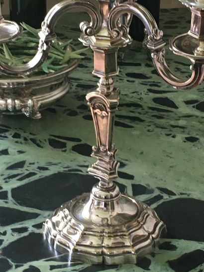  Pair of four-light silvered bronze CANDELABRES, the shaft with cut sides decorated...