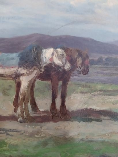 null Clément Charles Henri QUINTON (1851–1879) Trois chevaux de trait. Huile sur...
