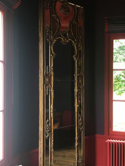 null Pair of polychrome and gilded wood mirrors, moulded and carved with flowers,...