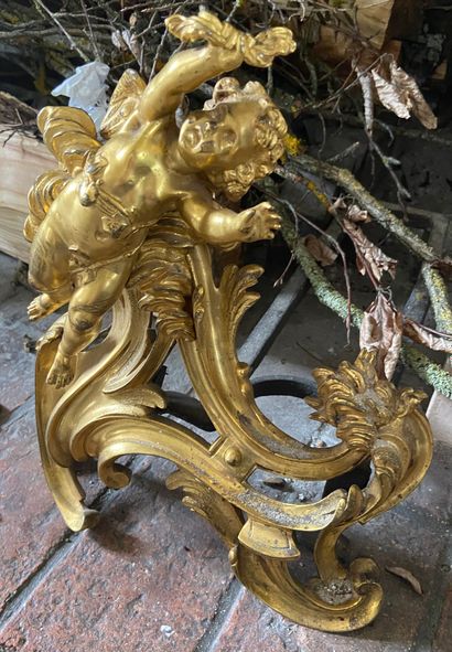  PAIR OF CHENETS with patinated and gilt bronze irons representing two cherubs on...