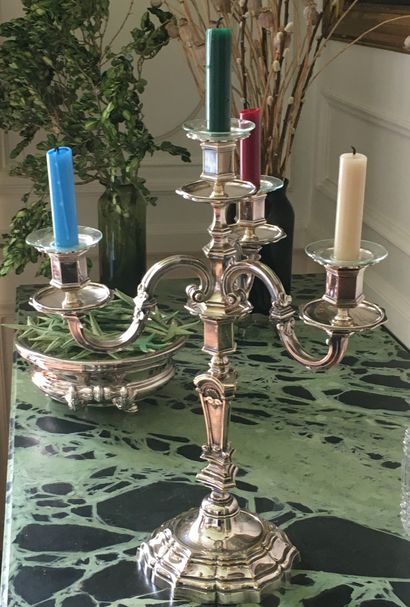  Pair of four-light silvered bronze CANDELABRES, the shaft with cut sides decorated...