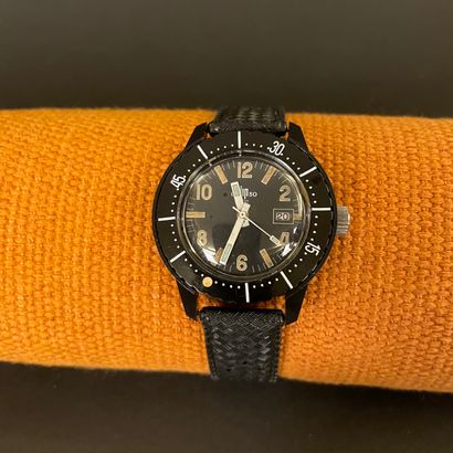 null BLACK CALIPSO LIP. Circa 1960. Wristwatch made for the famous Captain Cousteau's...