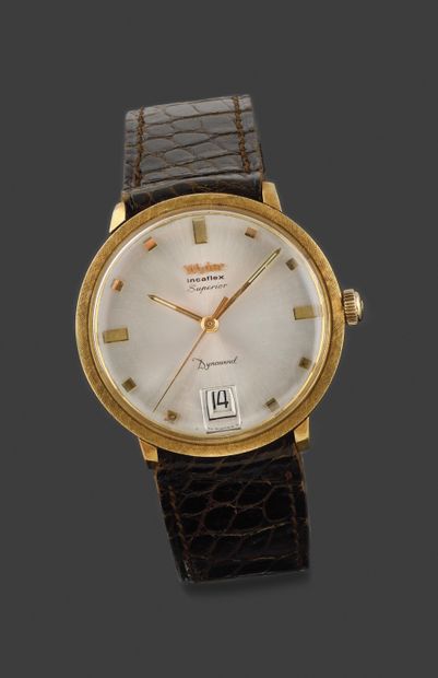 null WYLER Vers 1970. Montre d’homme en or jaune 750/1000, modèle Dynawind , cadran...