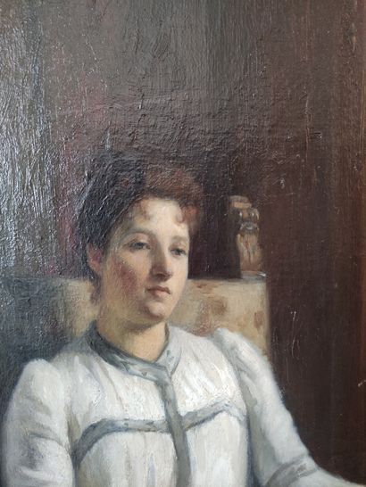 null Paul René SCHUTZENBERGER (1860-1916) Portrait de femme à la robe blanche Huile...