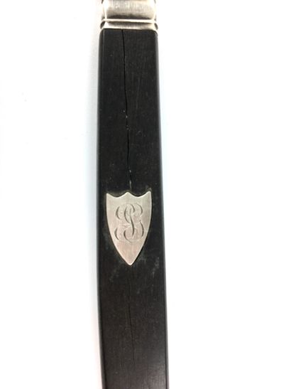 null Suite of TWELVE DESSERT KNIVES, the handles in ebony with escutcheon, the blades...